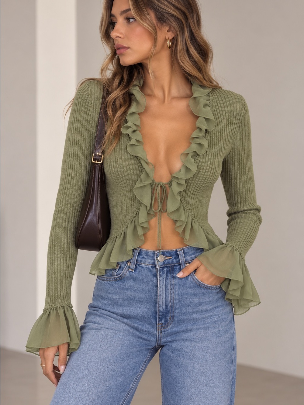 Zara Olive Green Ruffle Tie Front Ribbed Cardigan Bell Sleeve Size Small